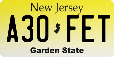 NJ license plate A30FET