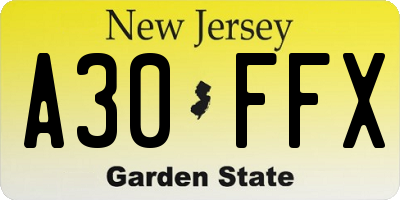 NJ license plate A30FFX