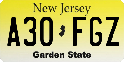 NJ license plate A30FGZ