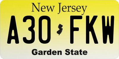 NJ license plate A30FKW