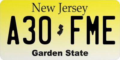 NJ license plate A30FME