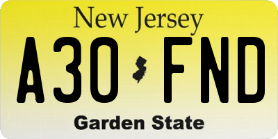 NJ license plate A30FND