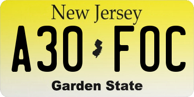 NJ license plate A30FOC