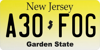 NJ license plate A30FOG