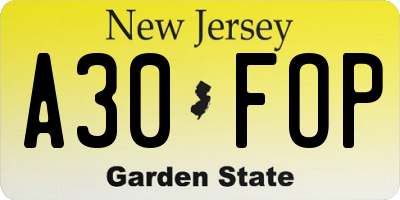 NJ license plate A30FOP