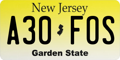 NJ license plate A30FOS