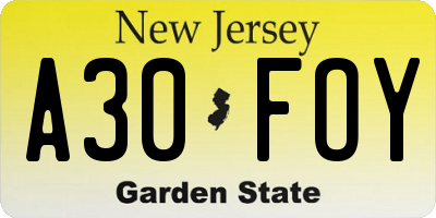 NJ license plate A30FOY