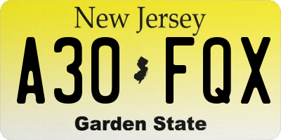 NJ license plate A30FQX