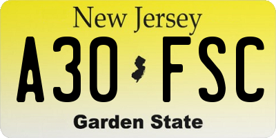 NJ license plate A30FSC