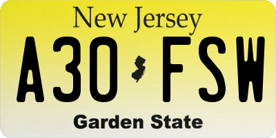 NJ license plate A30FSW