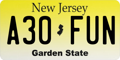 NJ license plate A30FUN