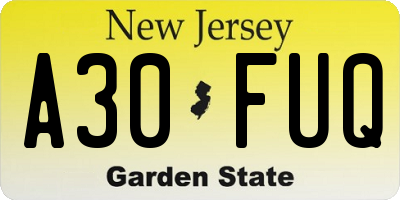 NJ license plate A30FUQ
