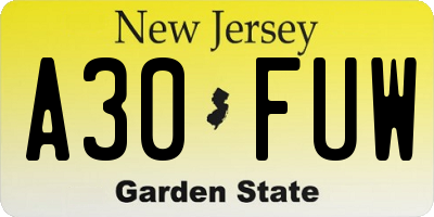 NJ license plate A30FUW