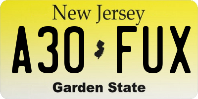NJ license plate A30FUX
