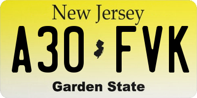 NJ license plate A30FVK