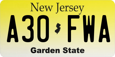 NJ license plate A30FWA