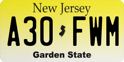 NJ license plate A30FWM