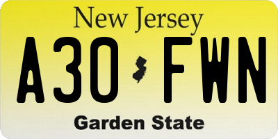 NJ license plate A30FWN