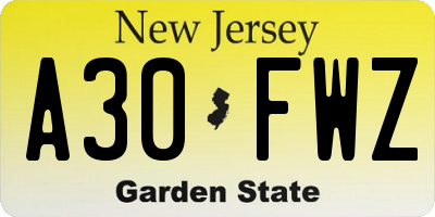 NJ license plate A30FWZ
