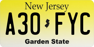 NJ license plate A30FYC
