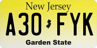 NJ license plate A30FYK