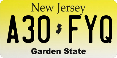 NJ license plate A30FYQ