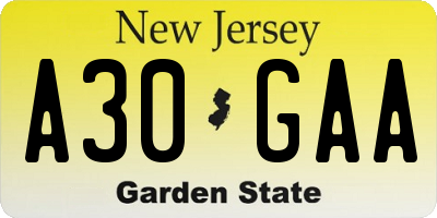 NJ license plate A30GAA