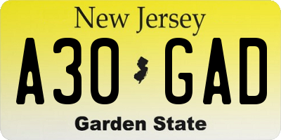 NJ license plate A30GAD