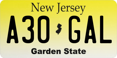 NJ license plate A30GAL