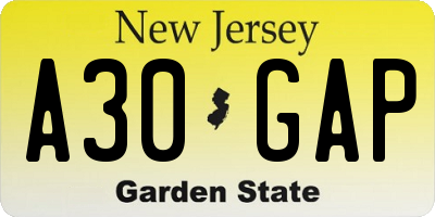 NJ license plate A30GAP