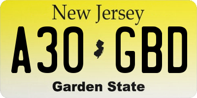 NJ license plate A30GBD
