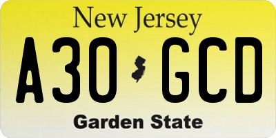 NJ license plate A30GCD