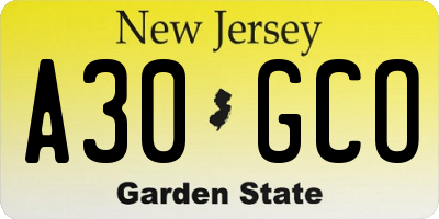 NJ license plate A30GCO