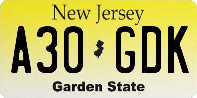 NJ license plate A30GDK