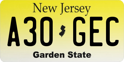 NJ license plate A30GEC