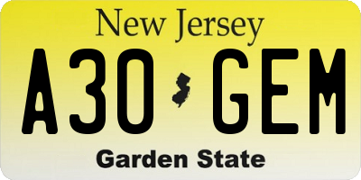 NJ license plate A30GEM