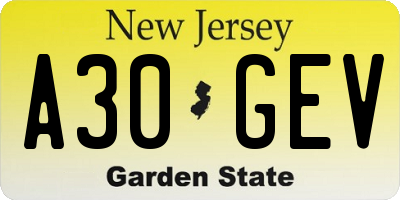 NJ license plate A30GEV
