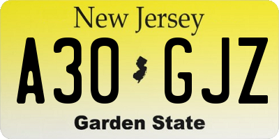 NJ license plate A30GJZ