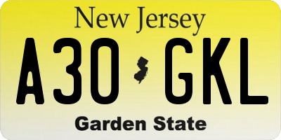 NJ license plate A30GKL
