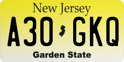 NJ license plate A30GKQ