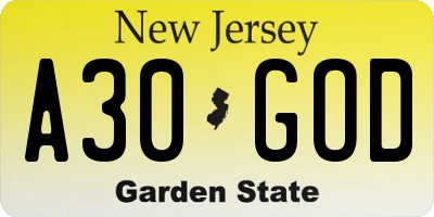NJ license plate A30GOD
