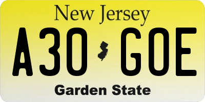 NJ license plate A30GOE