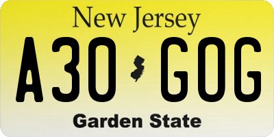NJ license plate A30GOG