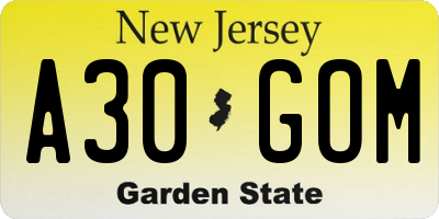NJ license plate A30GOM