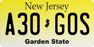 NJ license plate A30GOS