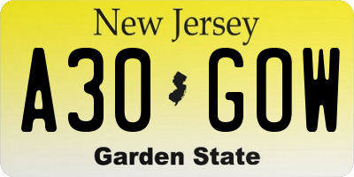 NJ license plate A30GOW