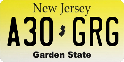 NJ license plate A30GRG