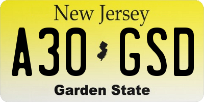 NJ license plate A30GSD