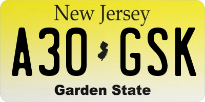 NJ license plate A30GSK