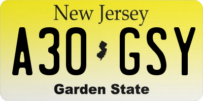 NJ license plate A30GSY